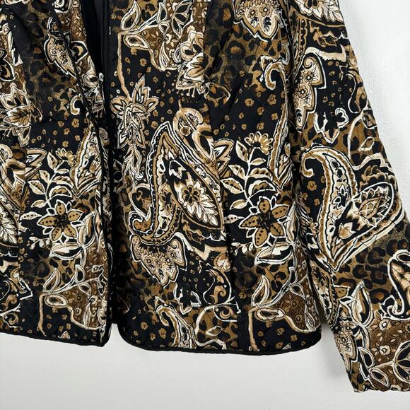 Vintage Quilted Floral Paisley Zip Up Jacket Womens M Black Tan Neutral - Picture 12 of 14